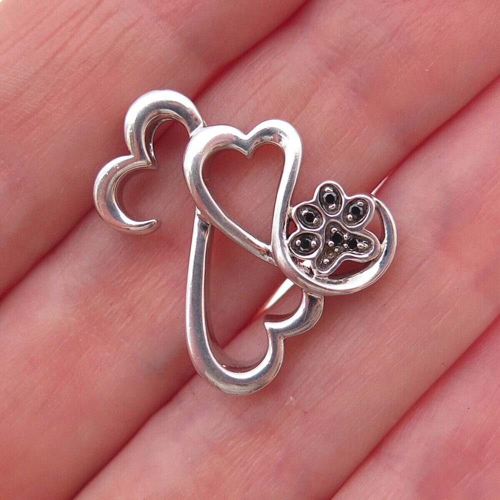 Jane Seymour Sterling Real Black Diamond Heart Dog Paw Pendant (missing stone)